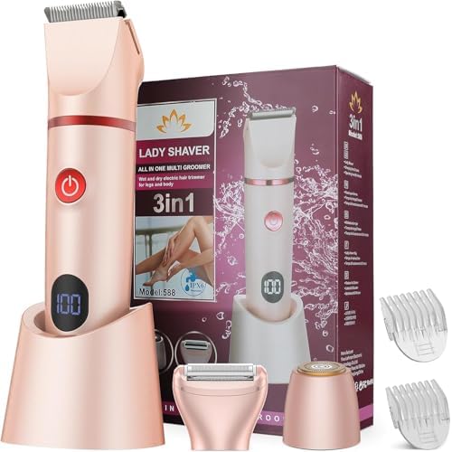 Bikini Trimmer for Women, 3 in 1 Electric Razors for Women, Rechargeable Electric Bikini Shaver, Waterproof Pubic Hair Trimmer and Facial Hair Remover with LED Display