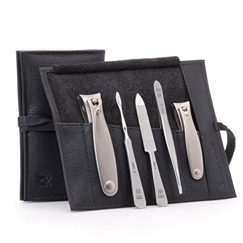 GERMANIKURE 5pc Manicure Set in Black Leather Case - Made in Solingen Germany, FINOX Stainless Steel Tools ? Professional Quality Compact Nail Grooming Kit