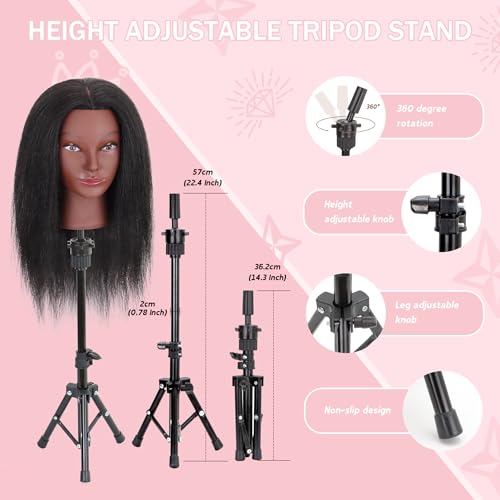 Mannequin Head with Human Hair 16'' Cosmetology Manikin Doll Head with 100% Real Human Hair for Braiding Hairdresser Practice Styling with Tripod Set