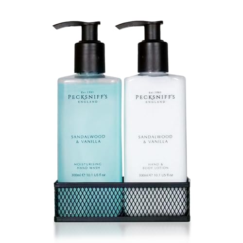 Pecksniff's Kitchen Soap Dispenser Set, Moisturizing Liquid Hand Soap Lotion Set for Kitchen Sink Bathroom Countertop with Black Metal Mesh Caddy, 10.14 Fl oz (Sandalwood and Vanilla)