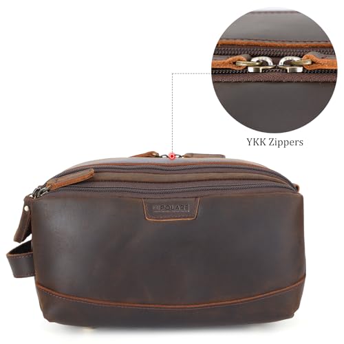 Polare Full Grain Leather Toiletry Bag for Men Large Travel Cosmetic Case Dopp Kit Shaving Kit Wash Pouch with YKK Zippers