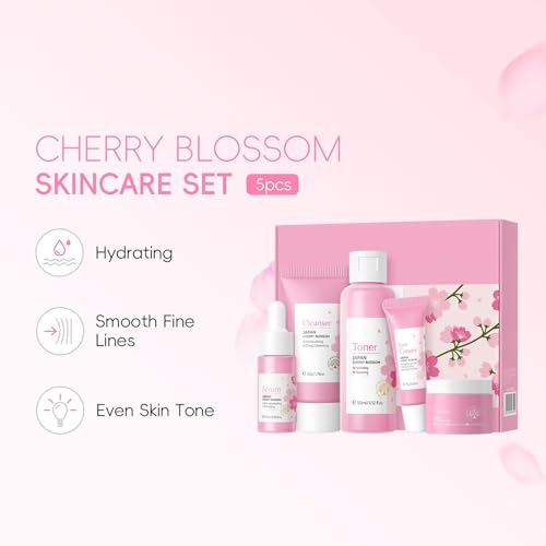 Cherry Blossoms Skin Care Sets, 5 PCS Routine Facial Skin Care for Women Teens Girls, Beauty Gifts Sets, Glow Up, Moisturizing, Even Skin Tone, for All Skin Type
