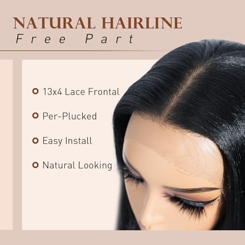 Joedir 28" Long Straight 13x4 Lace Frontal Wigs for Black Women Free Part Lace Front Wigs with Baby Hair Natural Hairline Black Root Easy-360 Synthetic Hair Wig Heat Resistant Fiber (Jet Black)
