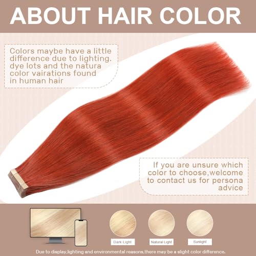 Tape in Hair Extensions Human Hair Copper Red Hair Extensions 18 Inch 20pcs Remy Straight Human Hair Tape in Extensions Skin Weft Tape Extensions Human Hair