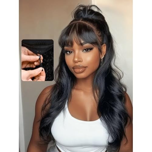 Nadula 7x5 HD Bye Bye Knots Glueless Curtain Bangs Wig with Drawstring, Pre Everything Loose Wave Wigs Human Hair Pre Cut/Plucked/Bleached Invisible Knots, Ready to Wear No Glue, 180% Density 16inch