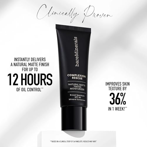 bareMinerals Complexion Rescue Natural Matte Tinted Moisturizer for Face with SPF 30, Tinted Mineral Sunscreen, Sheer-to-Light Coverage, Matte Skin Tint for Oily Skin, Vegan