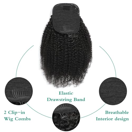 Human Hair Afro Kinky Curly Ponytail Drawstring Ponytail 4C for Black Women Afro Puff Drawstring Ponytail Extension Human Hair Natural Black 16 Inch
