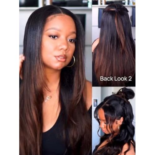 Beauty Forever V Part Wig Human Hair Yaki Straight EasiContour Vpart Wigs No Leave Out Ombre Chestnut Brown Glueless Upgraded U Part Wigs for Women None Lace Front Wigs T128 Color 150% Density 24inch