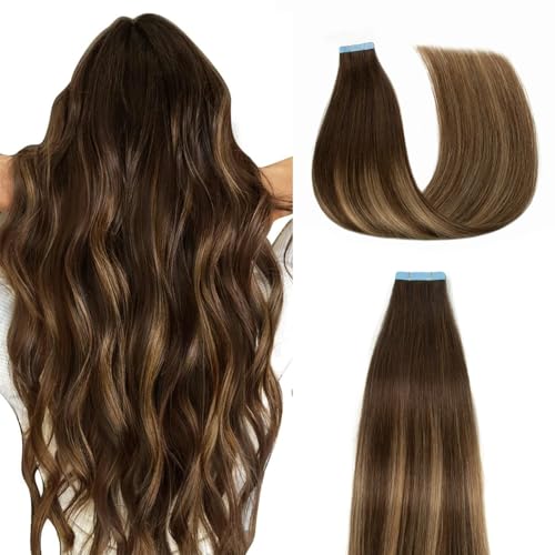 Invisible Tape in Hair Extensions Human Hair 14 inches 20pcs 40g/pack Chocolate Brown Mixed Honey Blonde Straight Seamless Tape in Hair Extensions(14 inches #T4-P27-4)