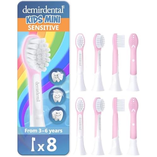 demirdental Kids mini Toothbrush Heads Compatible with Philips Sonicare Kids Toothbrush Heads - Replacement Heads mini Sensitive - Brush Heads mini from Ages 3 to 6 - Pink - Replaces HX6038-8 Pack