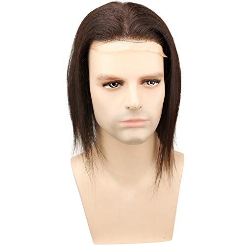 12" Long Hair Men's Toupee 100% Virgin Human Hair Replacement System for Men 10"x8" Base Size Natural Black Color