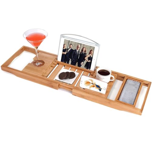 Utoplike Bamboo Bathtub Caddy Tray Bath Tray for Tub, Adjustable Bathroom Bathtub Organizer with Book Tablet Wine Glass Cup Towel Holder