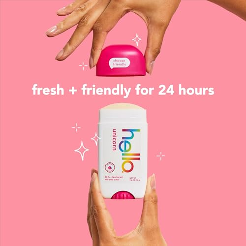 hello Unicorn Aluminum Free Deodorant for Women and Men with Shea Butter, 24-Hour Freshness, Baking Soda Free Deodorant, Dermatologically Tested, 2.6 oz Stick