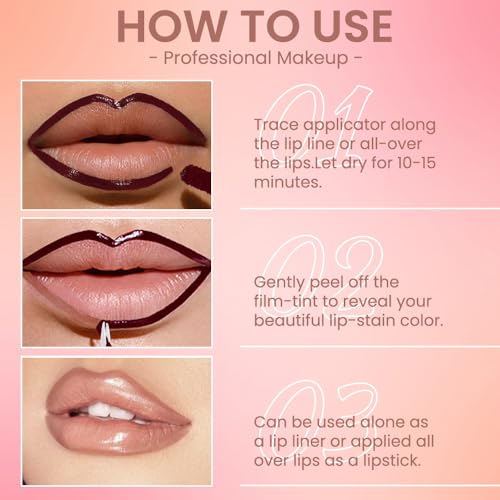Matte Lip Stain Peel Off Lip liner with Tweezer, Brownish Red Peel Off Lip Stain, Long Lasting Waterproof Lipstick Lip Gloss Tattoo, Transfer-proof for All Skin Types, 0.12 fl oz 03#