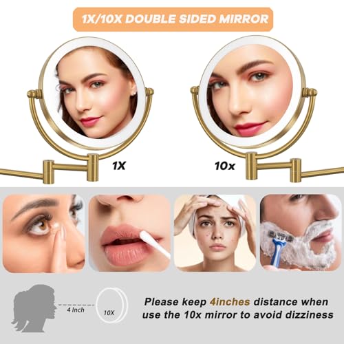 8" Make up Mirror Wall Mounted Lighted 10X Magnifying Hard Wired, Double Sides 3 Color Lighting Touch Dimming, 360 Swivel Extended Arm Shaving Light up Mirror for Bathroom, Brushed Moderne Brass