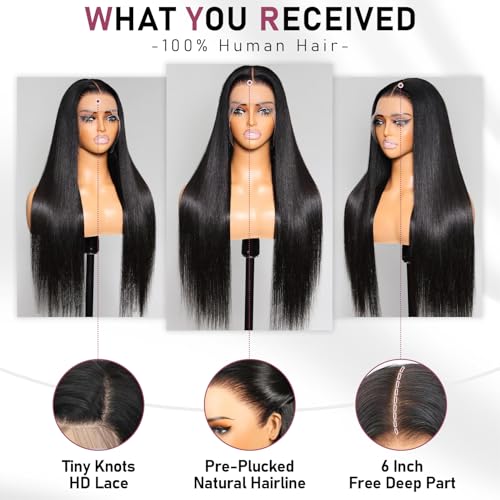 13x6 HD Lace Front Wigs, 100% Human Hair, [2-Year Life], 200% Density 30 Inch Straight Frontal Wigs Human Hair Pre Plucked for Black Women Free Part,[0.1mm Ultra-Thin Skinlike HD Lace]