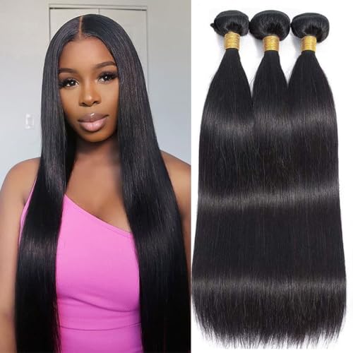12A Brazilian Straight Bundles Human Hair 18 20 22 Inch, 100% Unprocessed Virgin Human Hair Bundles Straight, Sew In Hair Extensions Quick Weave 3 Glossy Hair Bundles, 300g/Pack Natural Black Color