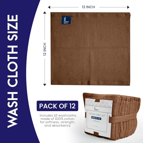 Linteum Textile Supply Premium 12x12 Washcloth (Chocolate) ? 100% Ring Spun Cotton Zero Twist Towels | Absorbent, Quick Dry, Durable for Bathroom, Spa, Gym (12 Pack)