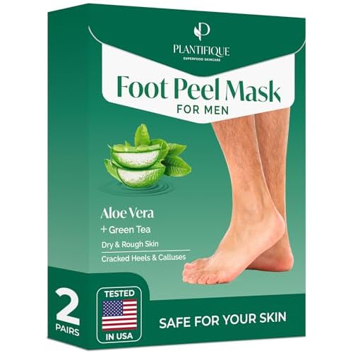 PLANTIFIQUE Foot Peeling Mask 2 Pack for Men | Dermatologically Tested Repairs Heels & Removes Dry Dead Skin for Baby Soft Feet | Exfoliating Foot Peel Mask for Dry Cracked Feet | Aloe Vera