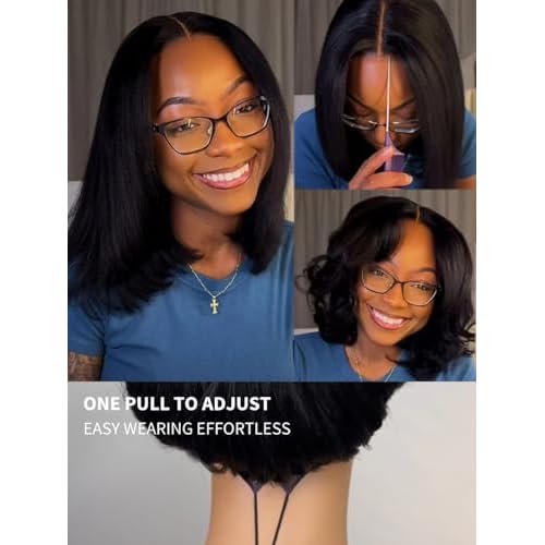 Julia Hair 14 Inch Yaki Straight Drawstring Wigs Human Hair Put On and Go Glueless Bob Wig 7x5 Bye Bye Knots Pre Plucked Pre-Cut Lace Closure Wig Beginner Friendly Black Short Yaki Bob Bleached Knots