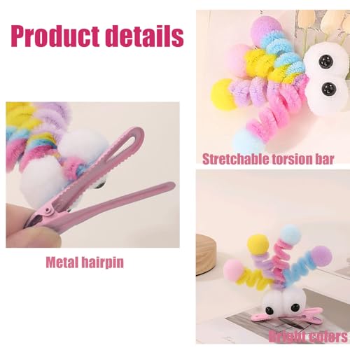 MIUPOO Fluffy Pom Poms Hair Clips,Crazy Hair Day Accessories for Girls,Quirky Little Monster Barrettes,Plush Duckbill Hairpins Hair Barrettes,Party Modeling Hair Accessories,2 Pieces,Pink eyes