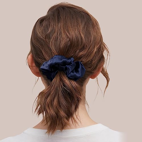 LILYSILK Silk Hair Scrunchies for Frizz & Breakage Prevention 100% Mulberry Silk Hair Ties No Damage Elastic Silk Ponytail Holders, 1Pc, Navy Blue