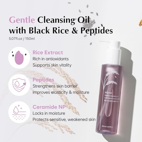 MIDHA Gentle Cleansing Oil with black rice & peptides,5.07fl.oz/150ml,Deep cleansing, Skin barrier support, Nourishing cleansing oil, Gentle Daily Cleanser, Moisture-locking cleanser