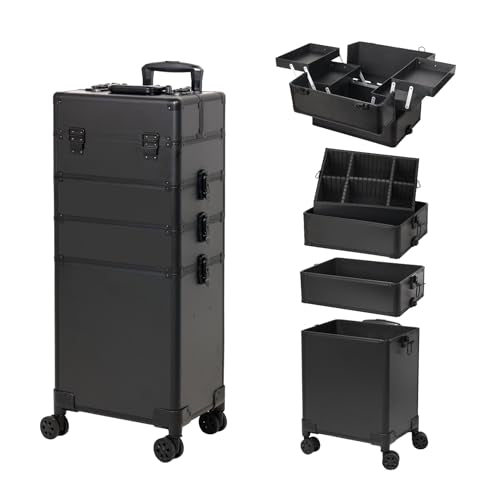 Professional Rolling Makeup Case, Cosmetology Case on Wheels 4 in 1 Large Cosmetic Train Case, Ideal Gift for Hairstylist, Nail Techs, Portable Beauty Organizer for Travel or Salon Use,Black