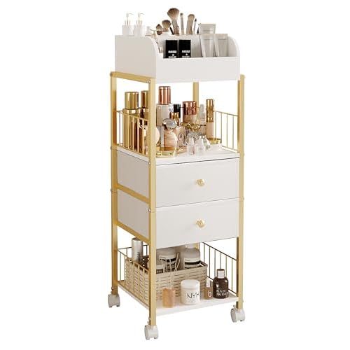 Makeup Organizer Storage Cart, Large Skincare organizers, Makeup Stand with Drawers, Makeup Vanity Organizer Cosmetics Display Cases Holder for Skin Care Nail Polish Perfume Makeup Brush (Gold)