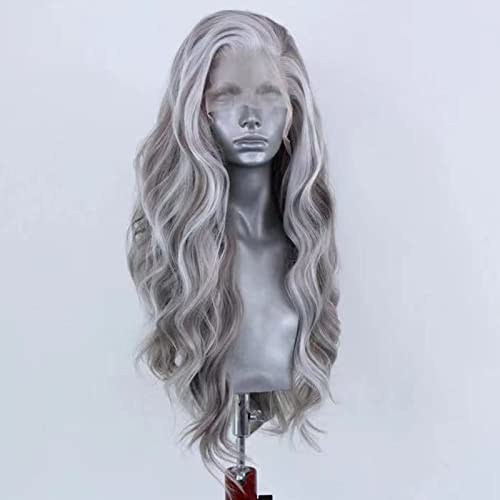 RONGDUOYI 24Inch Grey Mixed White Natural Wave Wig for Women Highlight Lace Front Wig with Natural Hairline Free Part Synthetic Daily Wear Wig