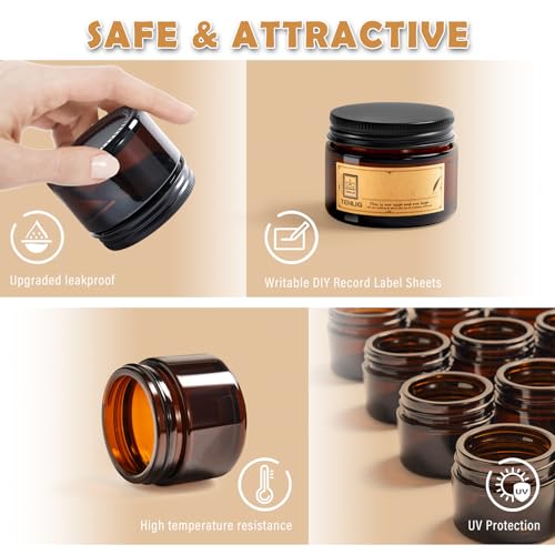 1.75 oz Glass Jars with Lids,Amber,12 Pack Empty Cosmetic Containers with Inner lids and Inner Liners,Black Metal Lids,Refillable Round Airtight Jars,Use to store Lotion,Powders,Candle Making