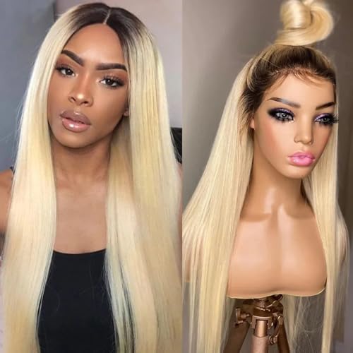 SOSEXY 13x4 Ombre Blonde Human Hair Lace Front Wigs Pre Plucked 1B/613 Ombre Lace Front Wig Human Hair 150% Density Colored Glueless Wigs Human Hair 28 Inch