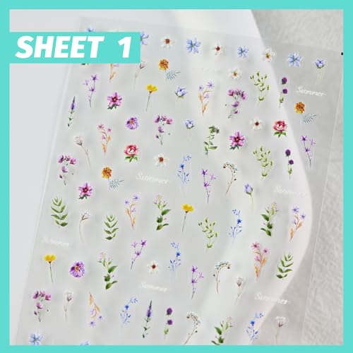 Flower Nail Art Stickers 3D Embossed Nail Decals for Nail Art Design Self-Adhesive Spring Summer Nail Accessories for Women Nail Art Supplies 3 Sheets