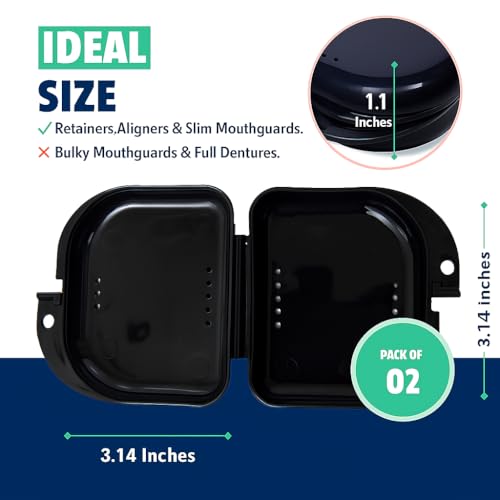 Retainer Case - Pack of 2 - Odorless Mouth Guard Case-Retainer Holder-Ventilated, Durable & Hygienic Night Guard Case for Carrying and Protecting Braces, Partial Dentures & Aligners-3.14 x 3.14 x 1.1