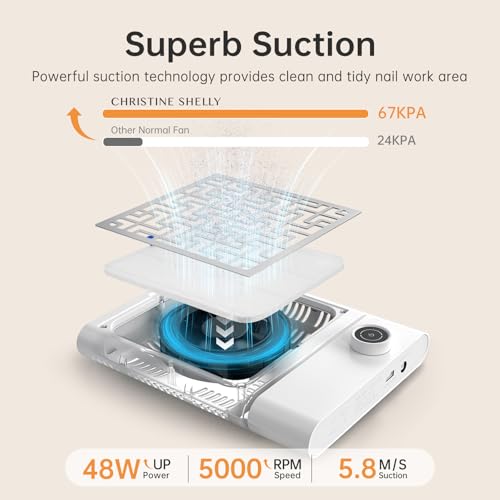 Nail Dust Collector, Bling Diamond Cordless Rechargeable 5000RPM Vacuum Nail Tech Fan Extractor, 12000mAh Professional Nail Duster Suction, Low Noise, Salon&Home