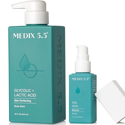 MEDIX Glycolic Acid Exfoliating Body Wash KP Bump Eraser Cleanser + 10% Glycolic Acid Serum 2PC Skin Care Set | AHA Exfoliant Body Wash + Serum Refine & Soften Dead Dry Skin, Bumps, & Wrinkles, 2PC