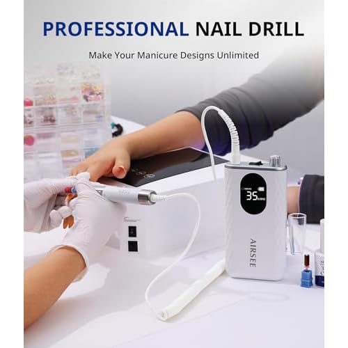 AIRSEE Updated Professional Nail Drill,Rechargeable Cordless Efile Machine for Acrylic Extension Gel Dip Powder Powerful Portable Efile 56 Sanding Bands 7 Bits,Low Noise Low Heat,G7 White