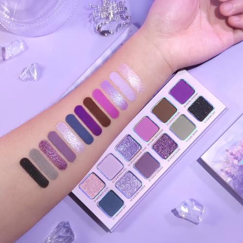 Purple Eyeshadow Palette, 12 Shades Lavender Purple Glitter EyeMakeup Pallet Smokey Neutral Silky Blendable Cream Eye Shadow for Older Women MatteMatellic Pink Compact for Cosplay Halloween Witch Look