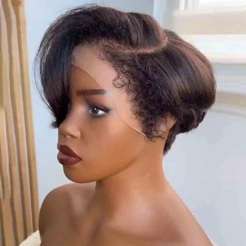 Short Bob Straight Wig with Bleached Knots 250% Density Pre Plucked Natural Color Brazilian Glueless Wig with 4C Kinky Edges Hairline 13x4 HD Invisible Lace Front Wigs with Curly Baby Hair 8 Inch