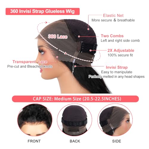 Hidden Strap 360 Lace Front Wigs Human Hair Body Wave 360 Invisiable Strap Glueless Wig with Drawstring Pre-Plucked Natural Hairline Pre-Bleached Knots Pre-Cut 100% Human Hair HD Lace Natural Color
