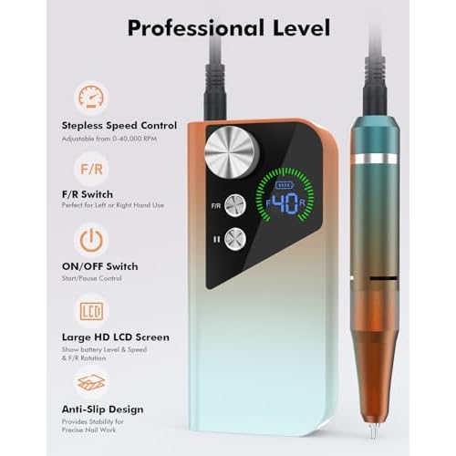 Nail Drill 40000RPM - Rechargeable Nail File with Bits, Professional E-Filer for Acrylic Nails, Gel Polishing, Manicure & Pedicure E File with Large HD LCD Screen - M96 Orange