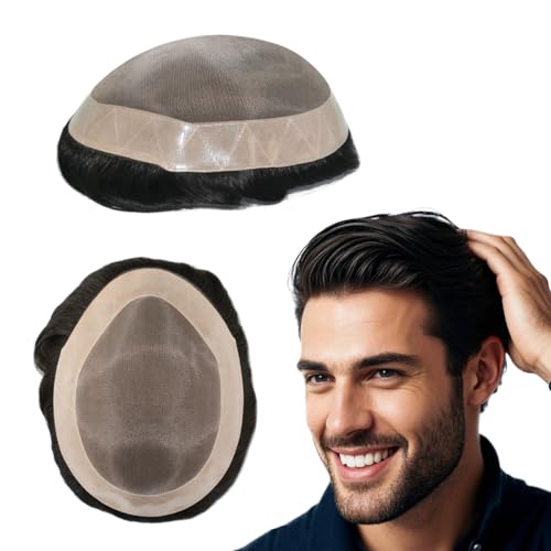 Men's Real Human Hair Toupee Natural Hairline Hair Replacement System for Men Breathable Fine Mono Base with Poly Perimeter Lace Front Edge Durable & Realistic Wig for Daily Wear (8"x10")