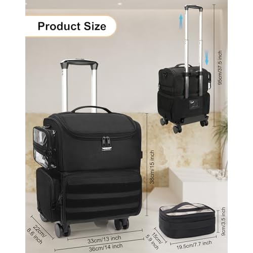 Relavel Rolling Makeup Train Case, Cosmetology Case on Wheels with 4 Clear Bags, Professional Makeup Artist Set Bags Cosmetic Storage Organizer with Adjustable Dividers, 360¡Æ Spinner Wheels, Black