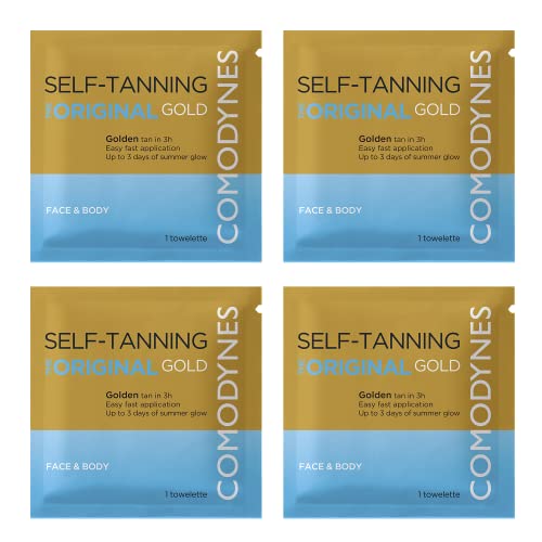 (4 Pack) COMODYNES Self-Tanning Towelettes Gold - Natural and Fast Bronzing - Individually Wrapped Towelettes