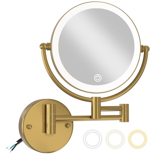 8" Make up Mirror Wall Mounted Lighted 10X Magnifying Hard Wired, Double Sides 3 Color Lighting Touch Dimming, 360 Swivel Extended Arm Shaving Light up Mirror for Bathroom, Brushed Moderne Brass