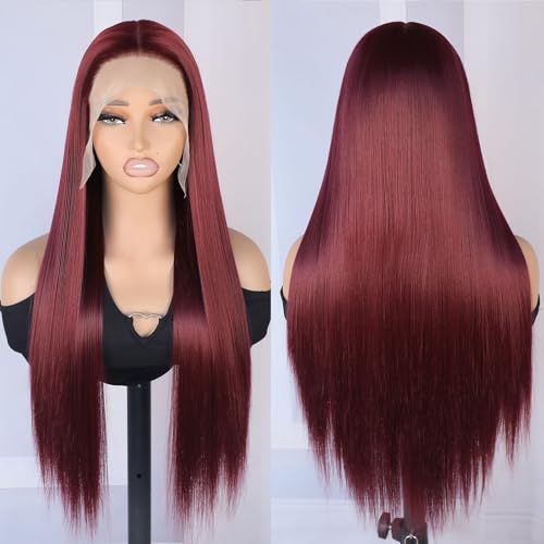 Burgundy Long Straight Synthetic Lace Front Wigs Ready to Wear Glueless Wig Pre Plucked 13x6 Lace Front Wig Straight HD Lace Front Wig 99j For Black Women