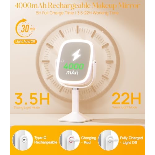 Gospire Rectangle Lighted Makeup Mirror with Lights and 1X/7X Magnifying Mirror, Height Adjustable and 4000mAh Rechargeable for Bedroom, 8.5¡±x7.4¡± Large Surface, Stepless Dimming - White