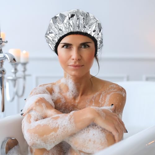 2 Pcs Heat Cap for Deep Conditioning Hair Cap for Oil Treatment Double Layer Aluminum Foil Heat Cap Reusable Steam Cap Processing Caps Shower Cap for Long Thick Hair Dyeing Home Salon Black Blue