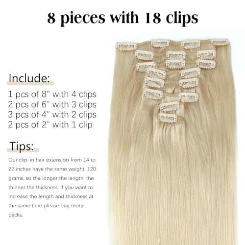 ABH AMAZINGBEAUTY HAIR Blonde Clip in Hair Extensions Straight Clip in Hair Extensions Human Hair 22 Inch Invisible Double Side Skin Weft Clip on Hair #60 Platinum Ash Blonde 8pcs 120G