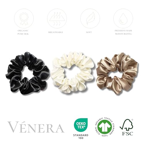 100% Pure 22 Momme Mulberry Silk Scrunchies -Frizz&Breakage Prevention-Hair Care Ponytail Holders for Women- Silk Hair Ties (Black, White, Caramel)